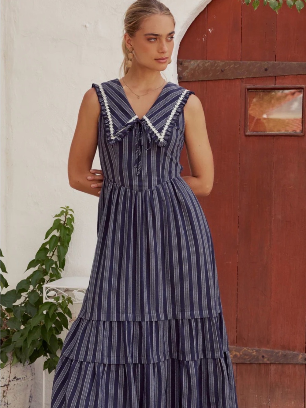 Boheme Navy Striped Sleeveless Maxi Dress with Sailor Collar